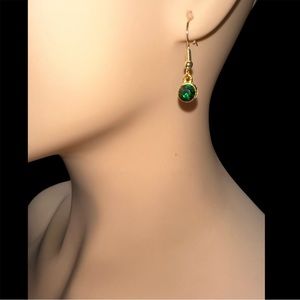 Faux Emerald Wire Hook Earrings in Gold Tone